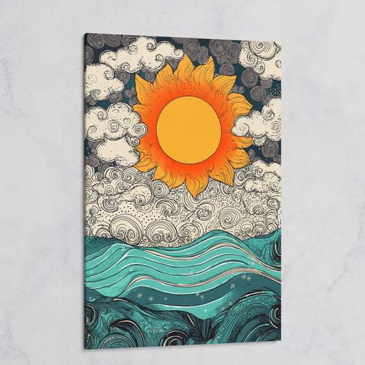 Whimsical Sun and Sea Waves Canvas on gallery wrap