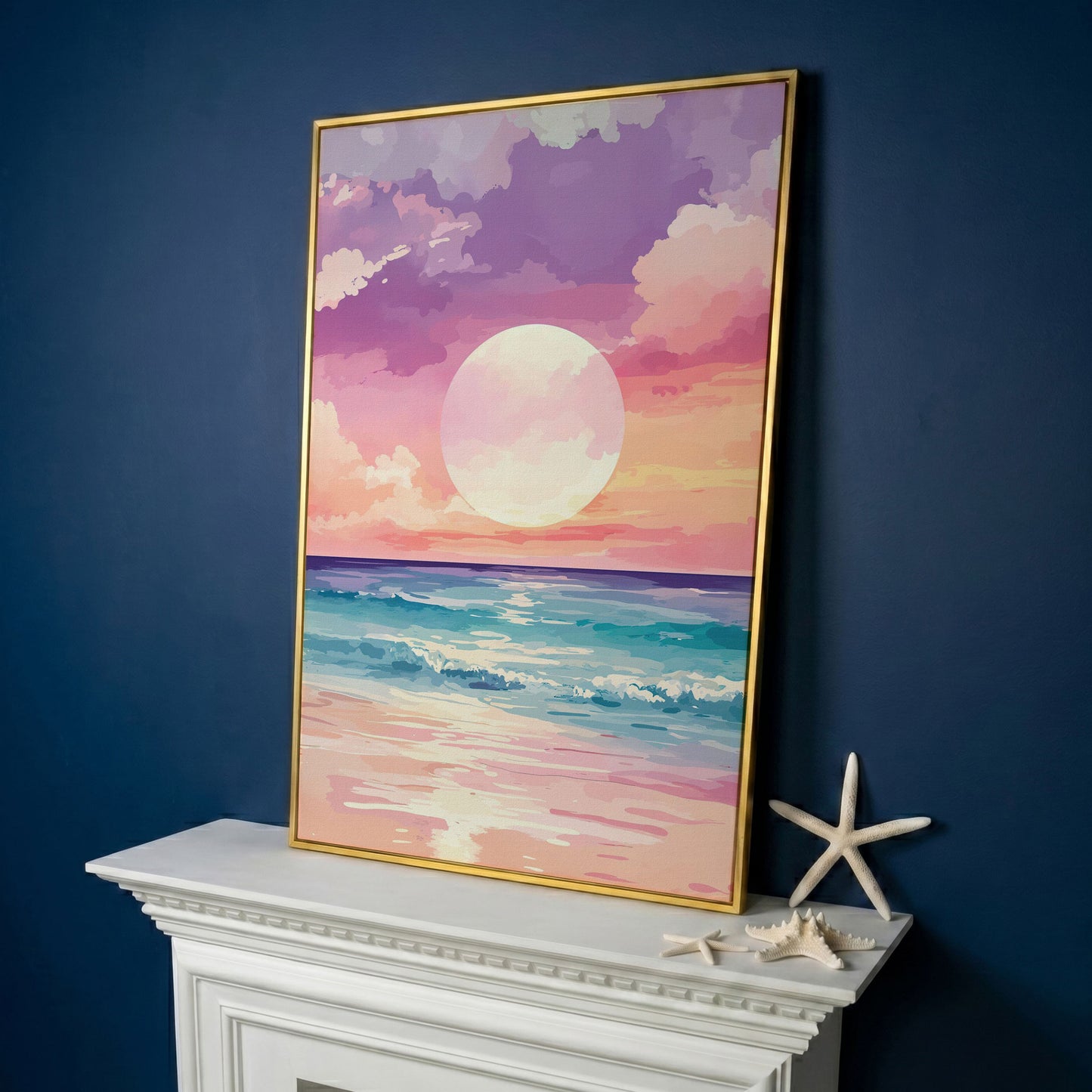 Ocean Sunset Canvas Print, Beach Wall Art, Portrait in yellow gold floating frame