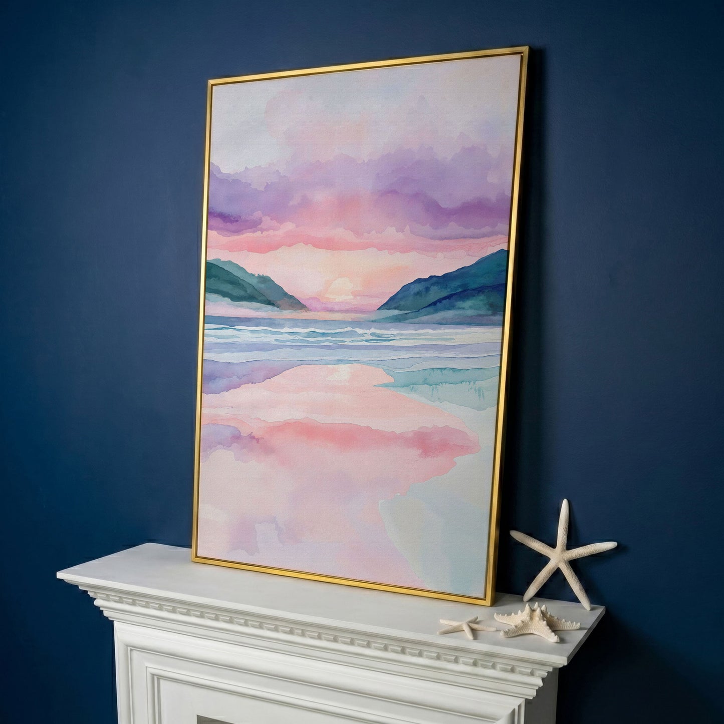 Abstract Seascape Canvas Art with Mountains and Sunset Glow in yellow gold floating frame
