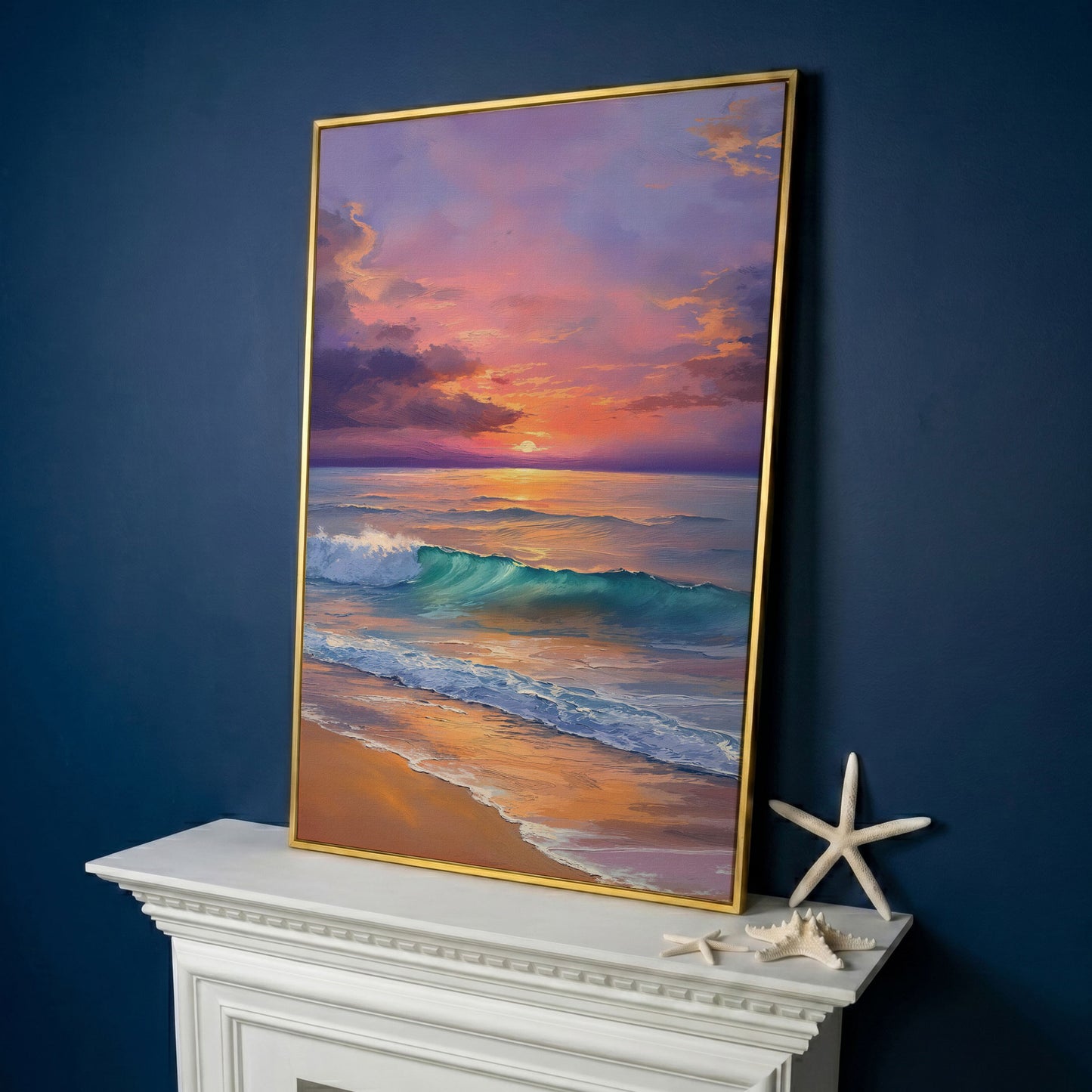 Sunset Wave Seascape Canvas Art, Ocean Wall Print in yellow gold floating frame