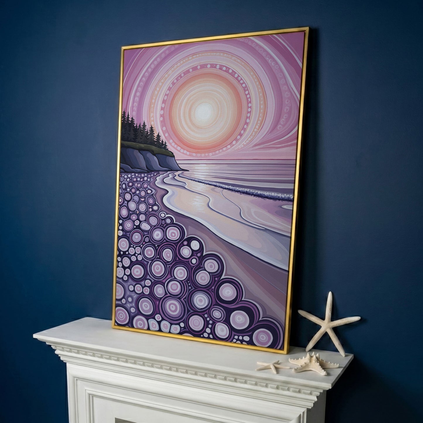 Abstract Coastal Sunset Canvas Art with Patterned Shoreline in yellow gold floating frame