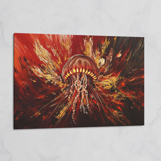 Abstract Jellyfish Canvas Art in Red and Gold on gallery wrap