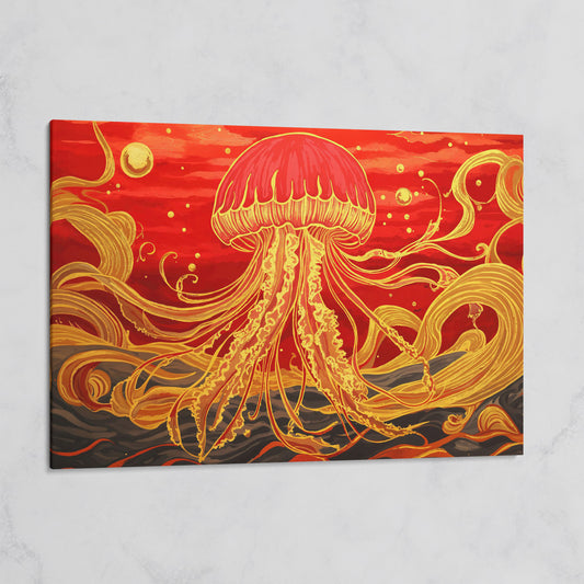 Abstract Jellyfish Canvas Art, Red and Yellow Marine Wall Art on gallery wrap