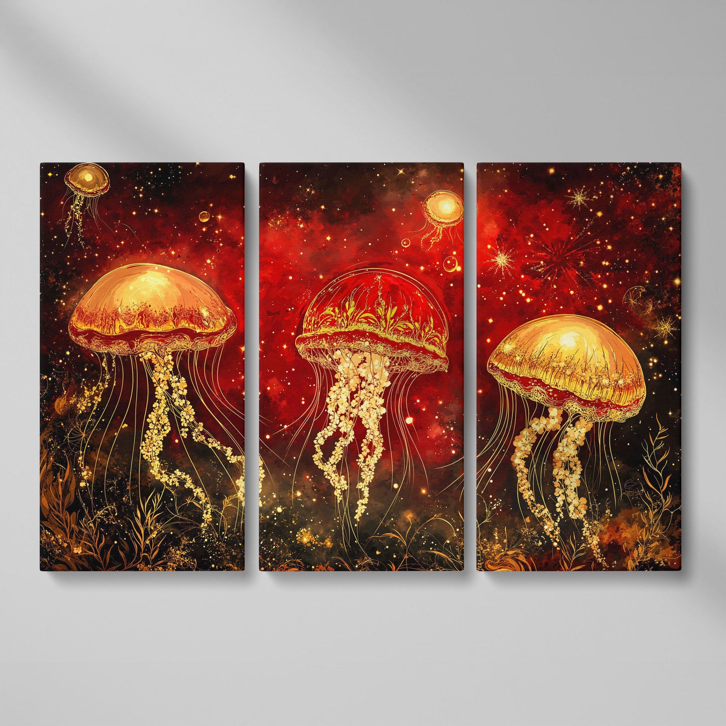 Surreal Jellyfish in a Starry Botanical Sea. Canvas Wall Art as 3-panel split version