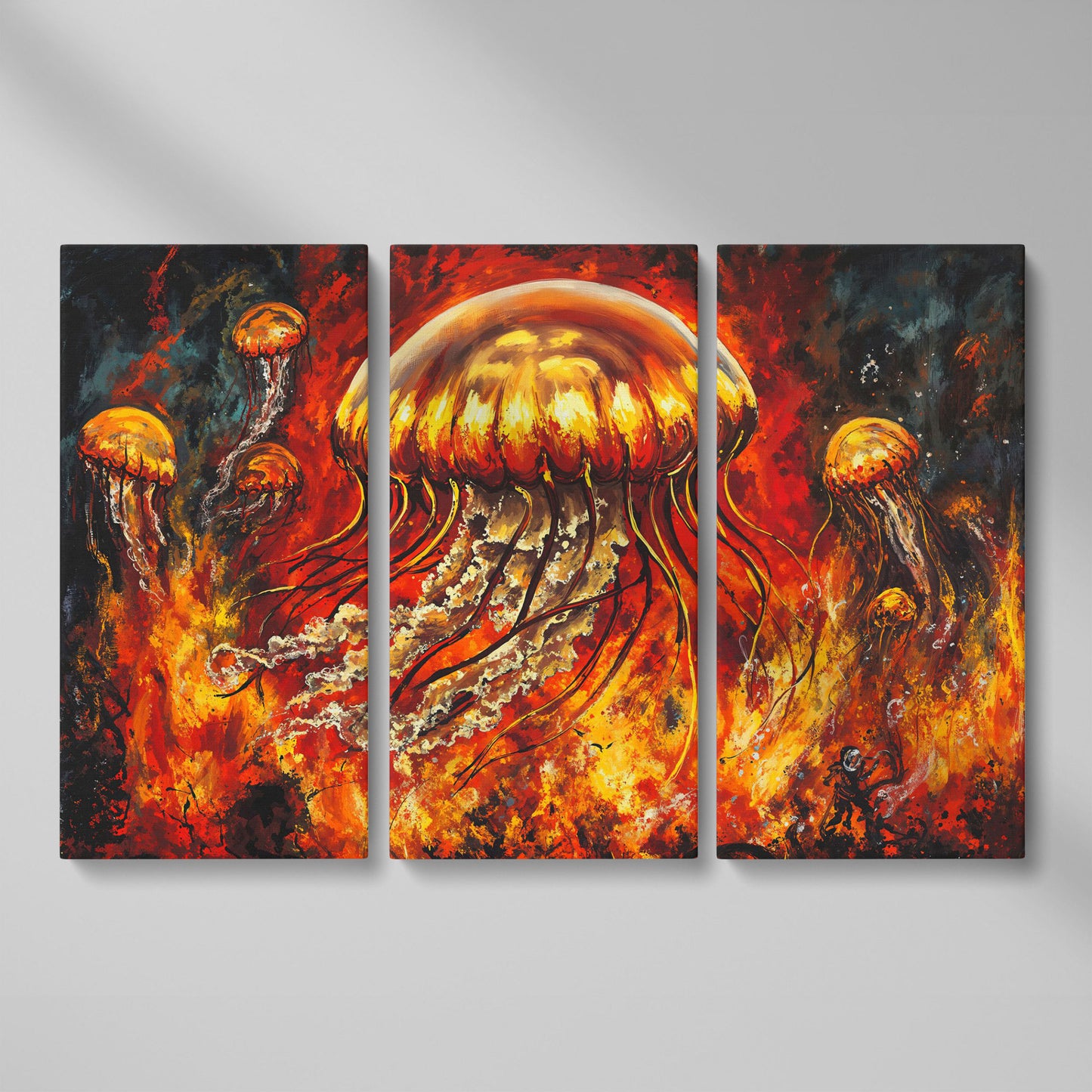 Jellyfish and Diver Ocean Depth Canvas Wall Art as 3-panel split version