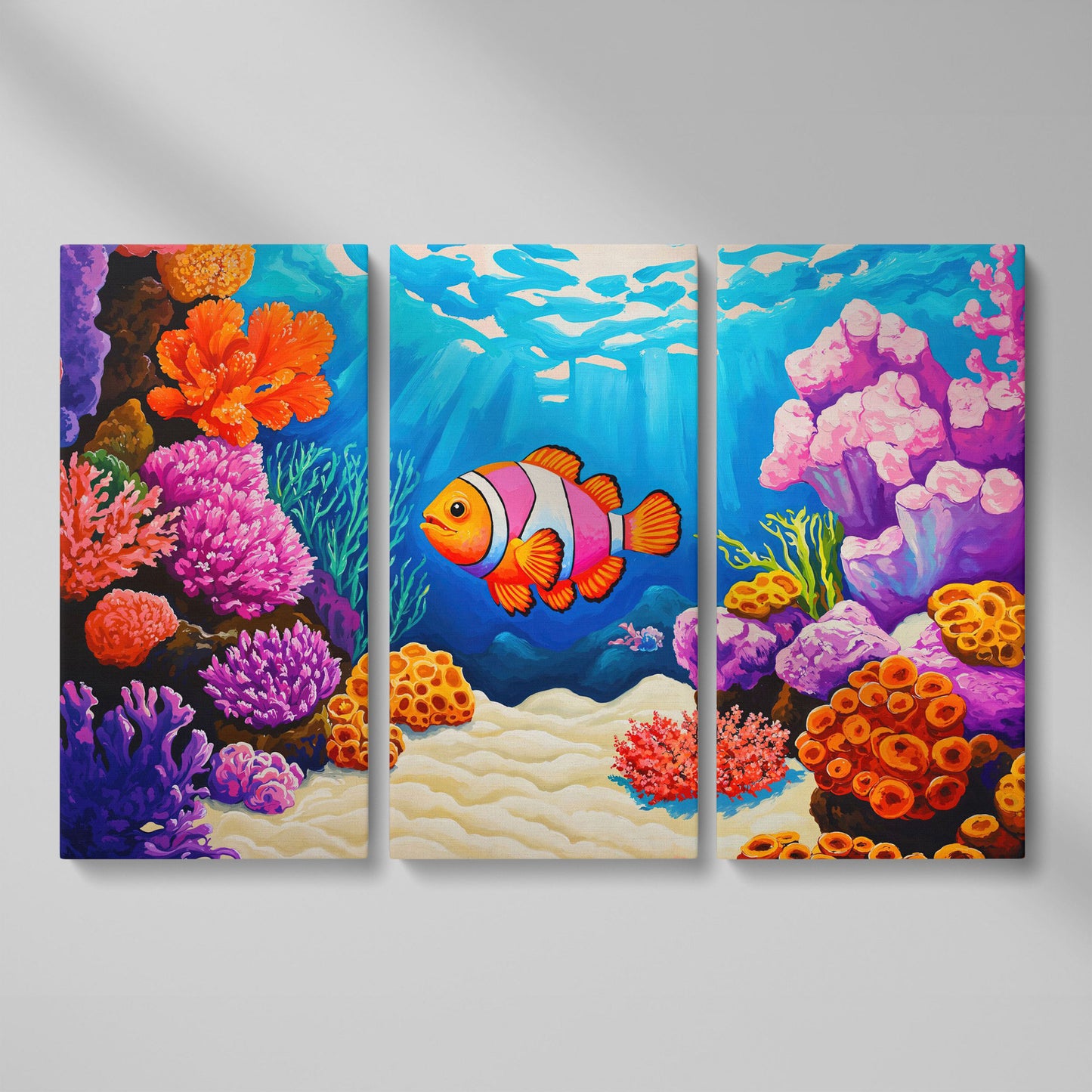 Clownfish in Coral Reef Canvas Wall Art as 3-panel split version