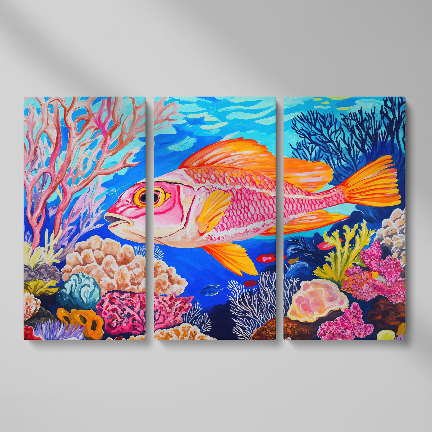 Coral Reef Canvas Art with Reddish-Orange Fish, Large Wall Print as 3-panel split version