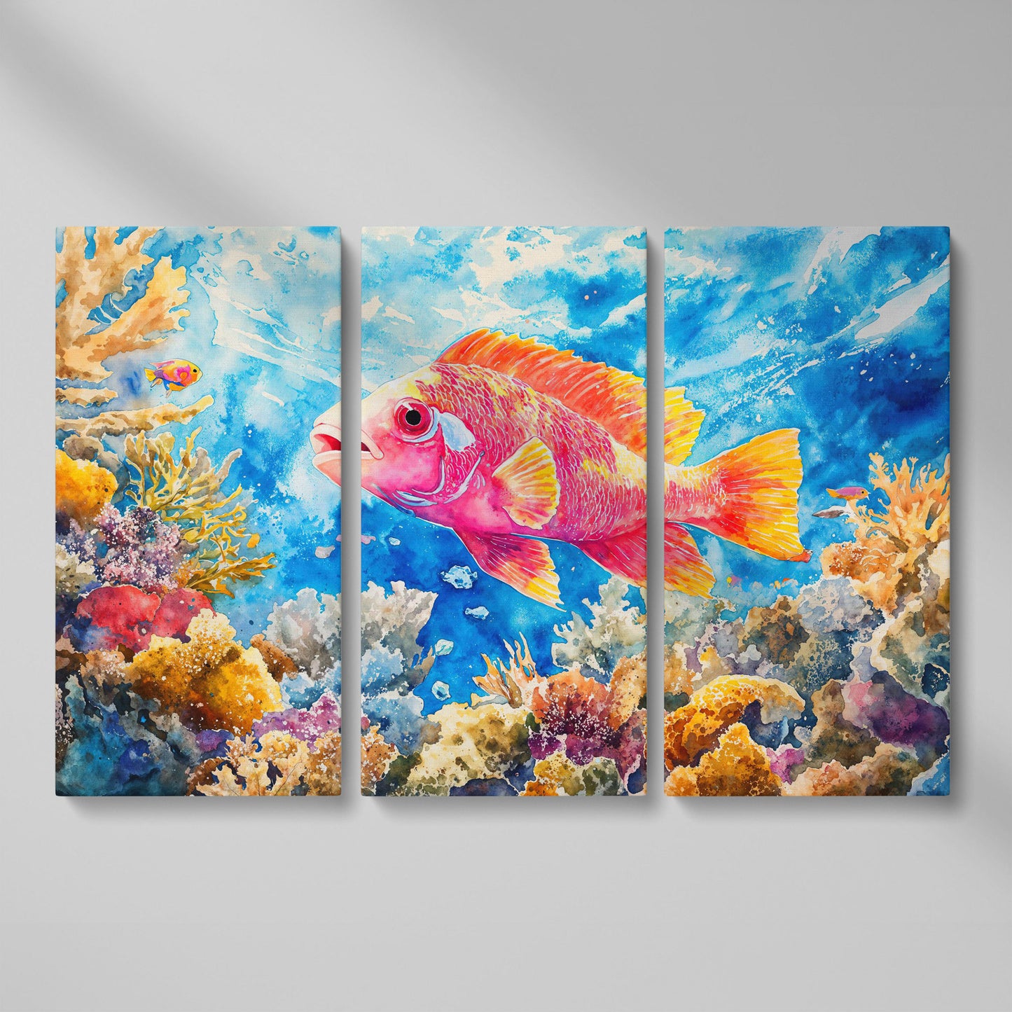 Tropical Fish and Coral Underwater Canvas Wall Art as 3-panel split version