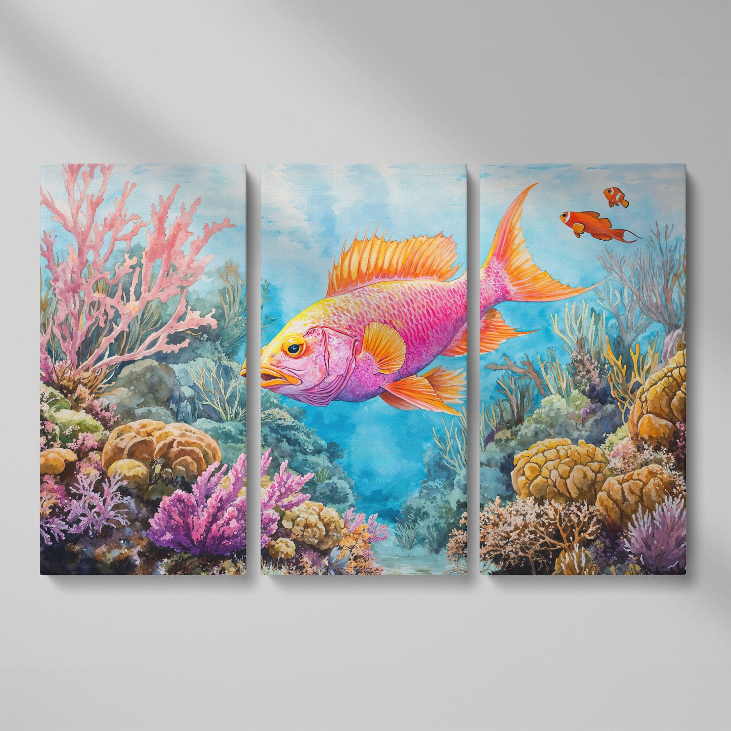 Tropical Fish and Coral Reef Underwater Canvas Wall Art as 3-panel split version