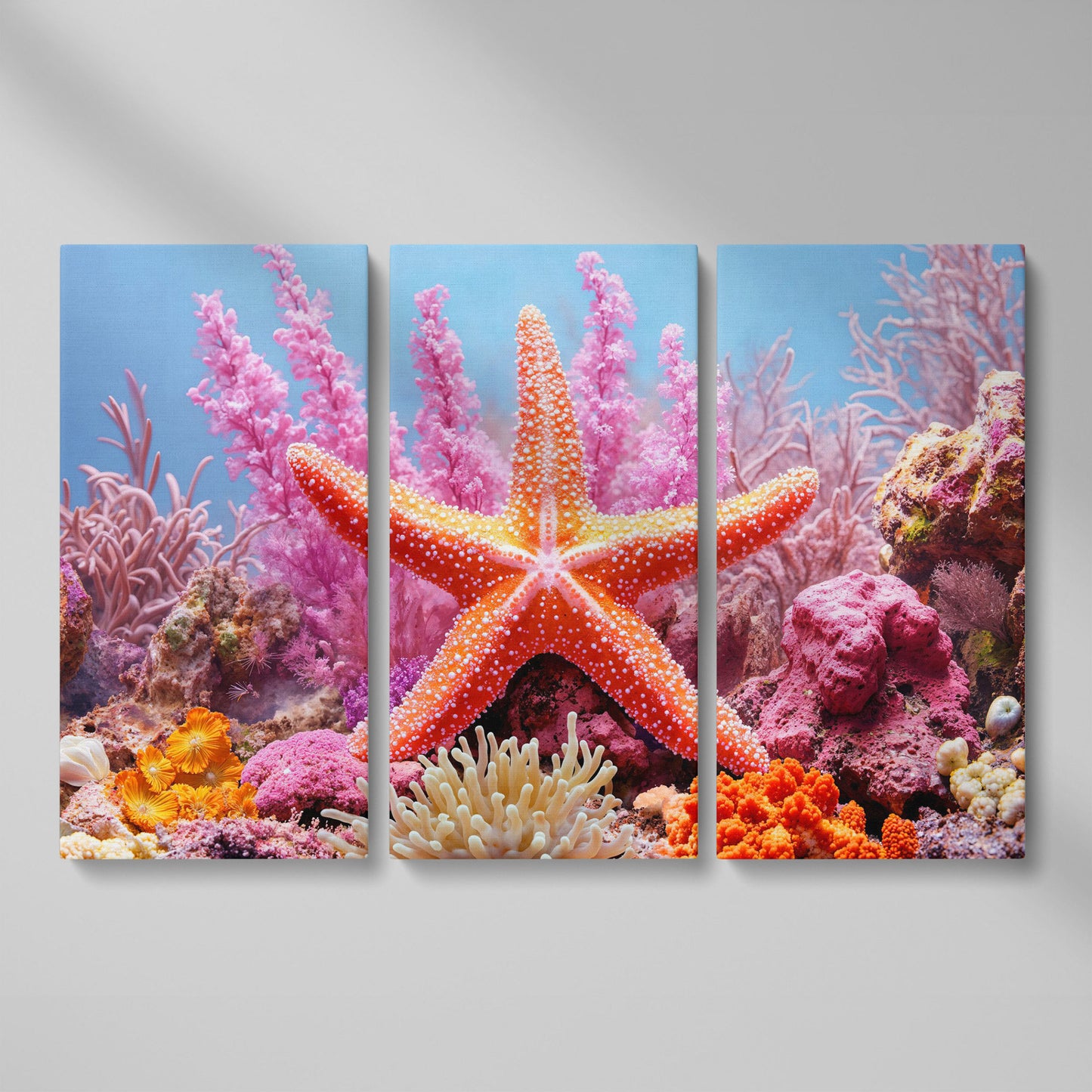Starfish and Coral Reef Canvas Wall Art, Vibrant Marine Life Print as 3-panel split version