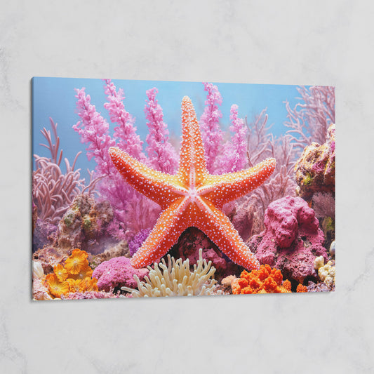 Starfish and Coral Reef Canvas Wall Art, Vibrant Marine Life Print on gallery wrap