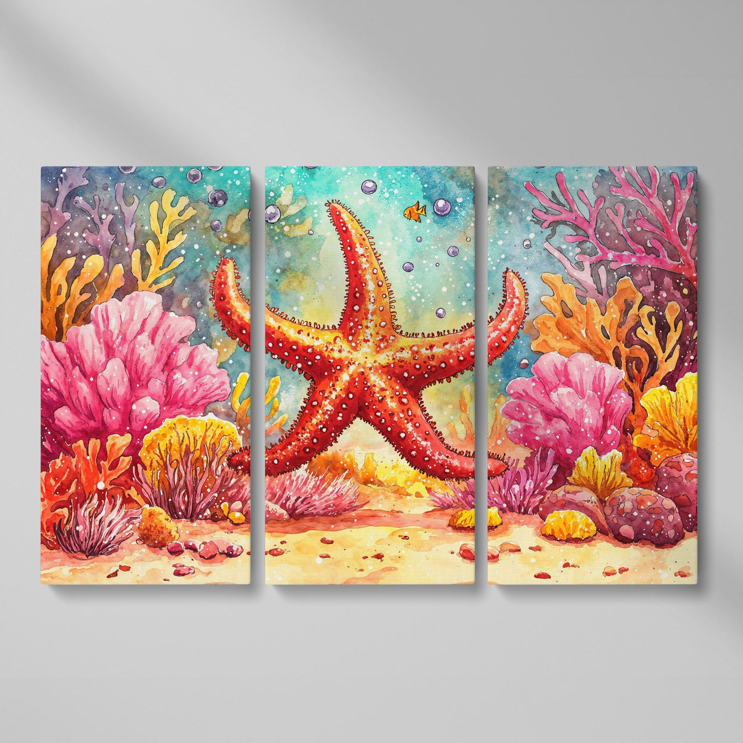 Starfish and Coral Reef Underwater Canvas Wall Art as 3-panel split version
