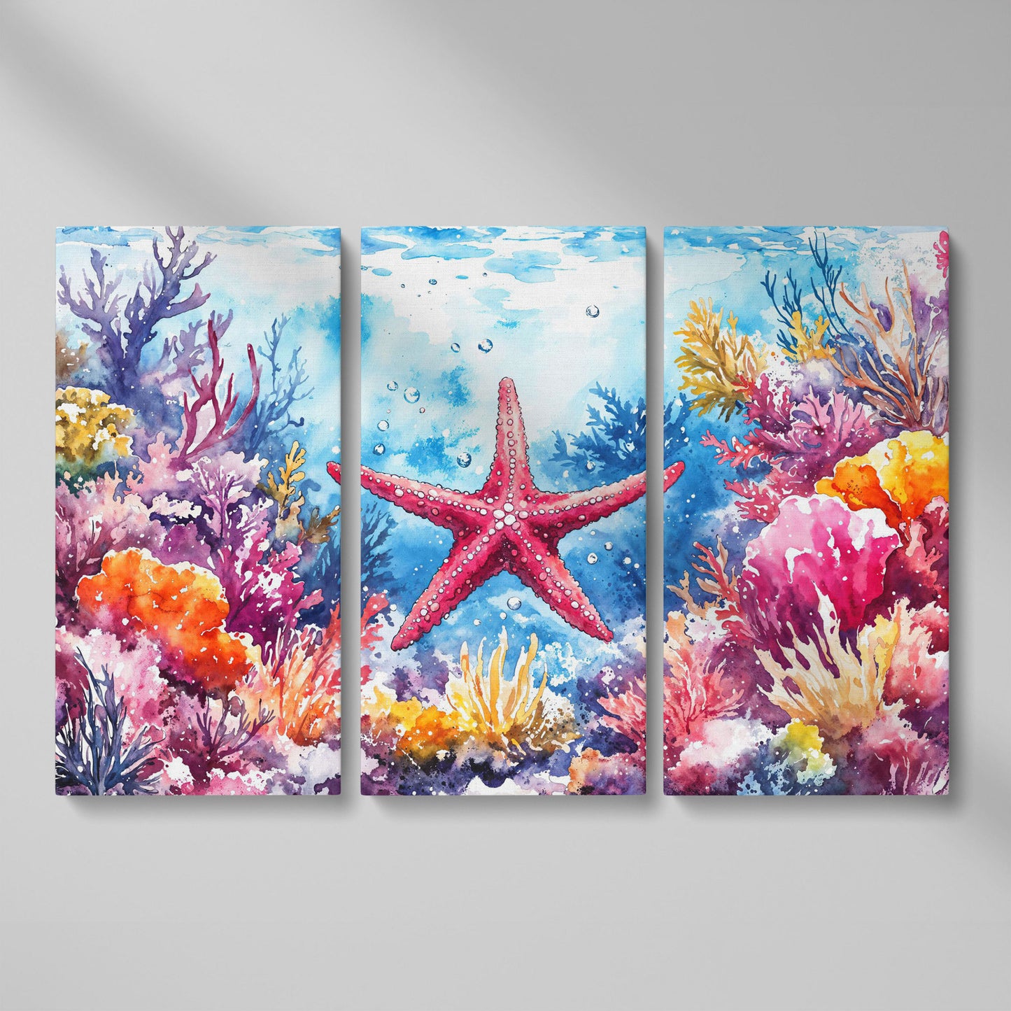 Starfish and Coral Reef Underwater Scene Canvas Wall Art as 3-panel split version