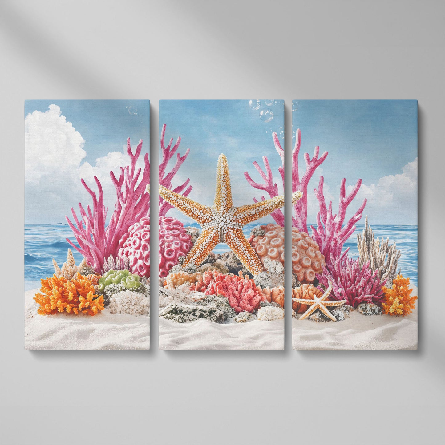 Coral Reef Canvas Art, Vibrant Underwater Ocean Scene as 3-panel split version