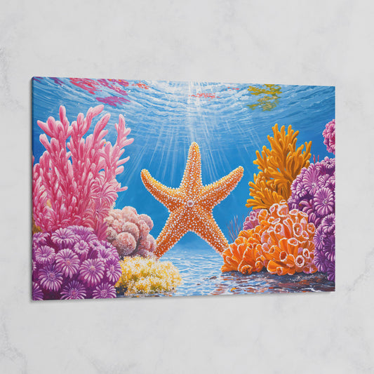 Starfish and Coral Underwater Scene Canvas Wall Art on gallery wrap
