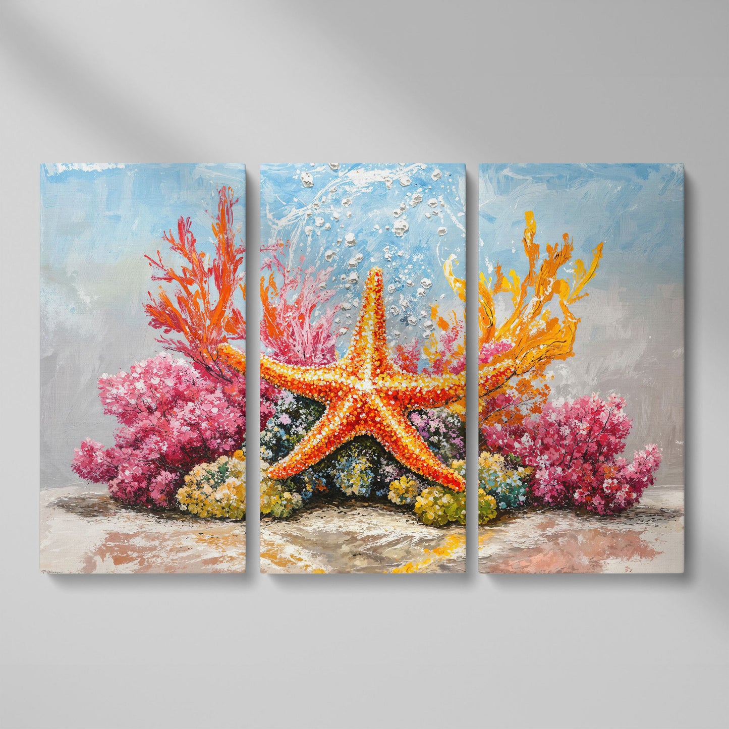 Starfish and Coral Reef Underwater Canvas Wall Art as 3-panel split version