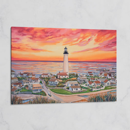 Lighthouse at Sunset, Coastal Village Canvas Wall Art on gallery wrap