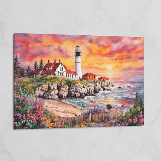 Lighthouse on Rocky Coast at Sunset Canvas Wall Art on gallery wrap