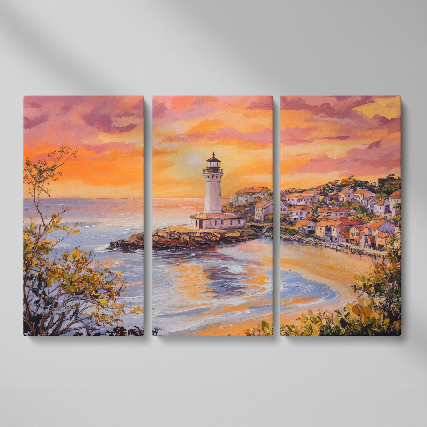 Lighthouse at Sunset Canvas, Coastal Village and Ocean View as 3-panel split version