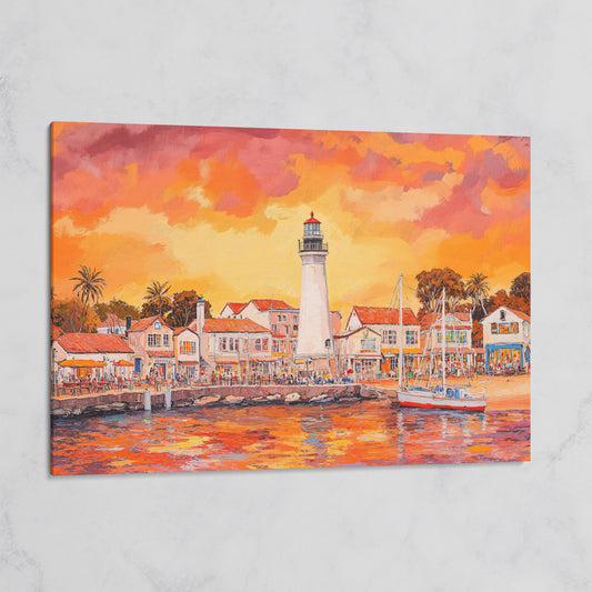 Sunset Harbor Canvas Art with Lighthouse and Boats on gallery wrap