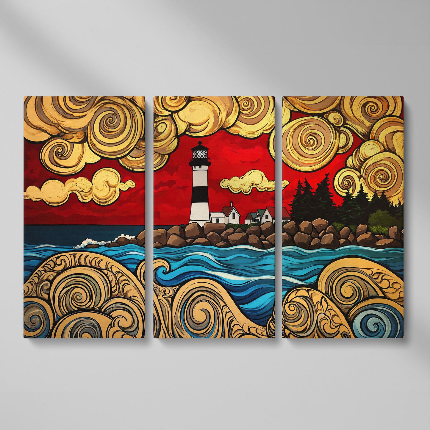 Lighthouse and Rocky Shore Canvas Wall Art as 3-panel split version