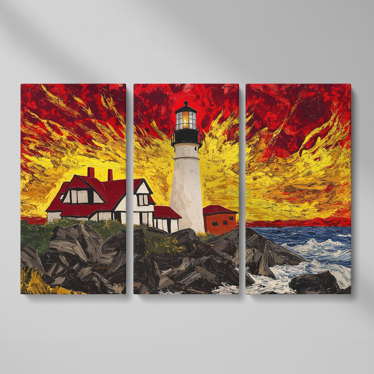 White Lighthouse and Red-Roofed House on a Rocky Shore Canvas as 3-panel split version