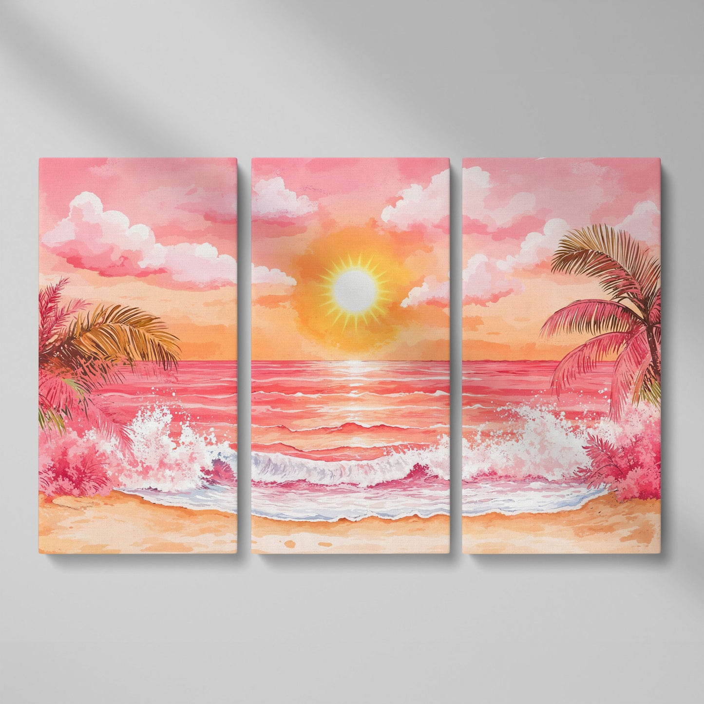 Tropical Sunset Seascape Canvas Art with Palm Trees and Ocean as 3-panel split version
