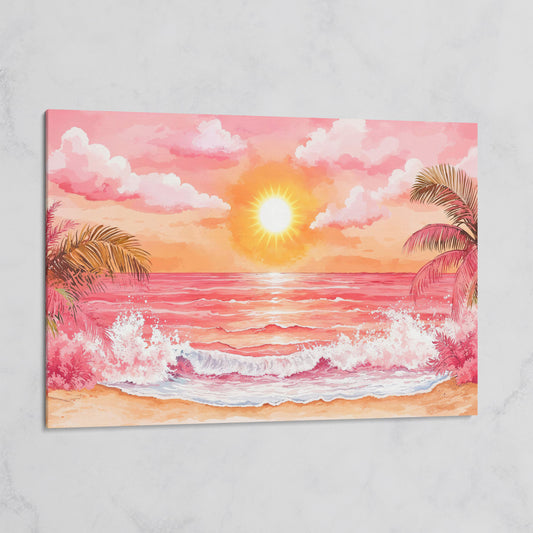 Tropical Sunset Seascape Canvas Art with Palm Trees and Ocean on gallery wrap