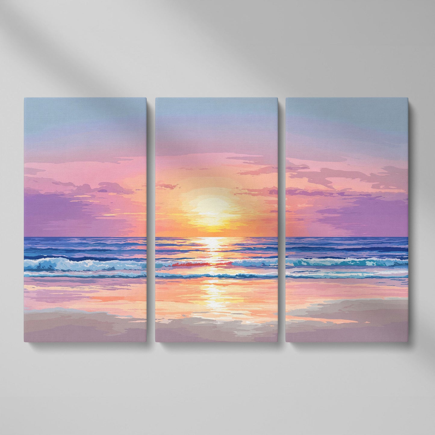 Ocean Sunset Canvas Art. Waves, Light and Wet Sand as 3-panel split version