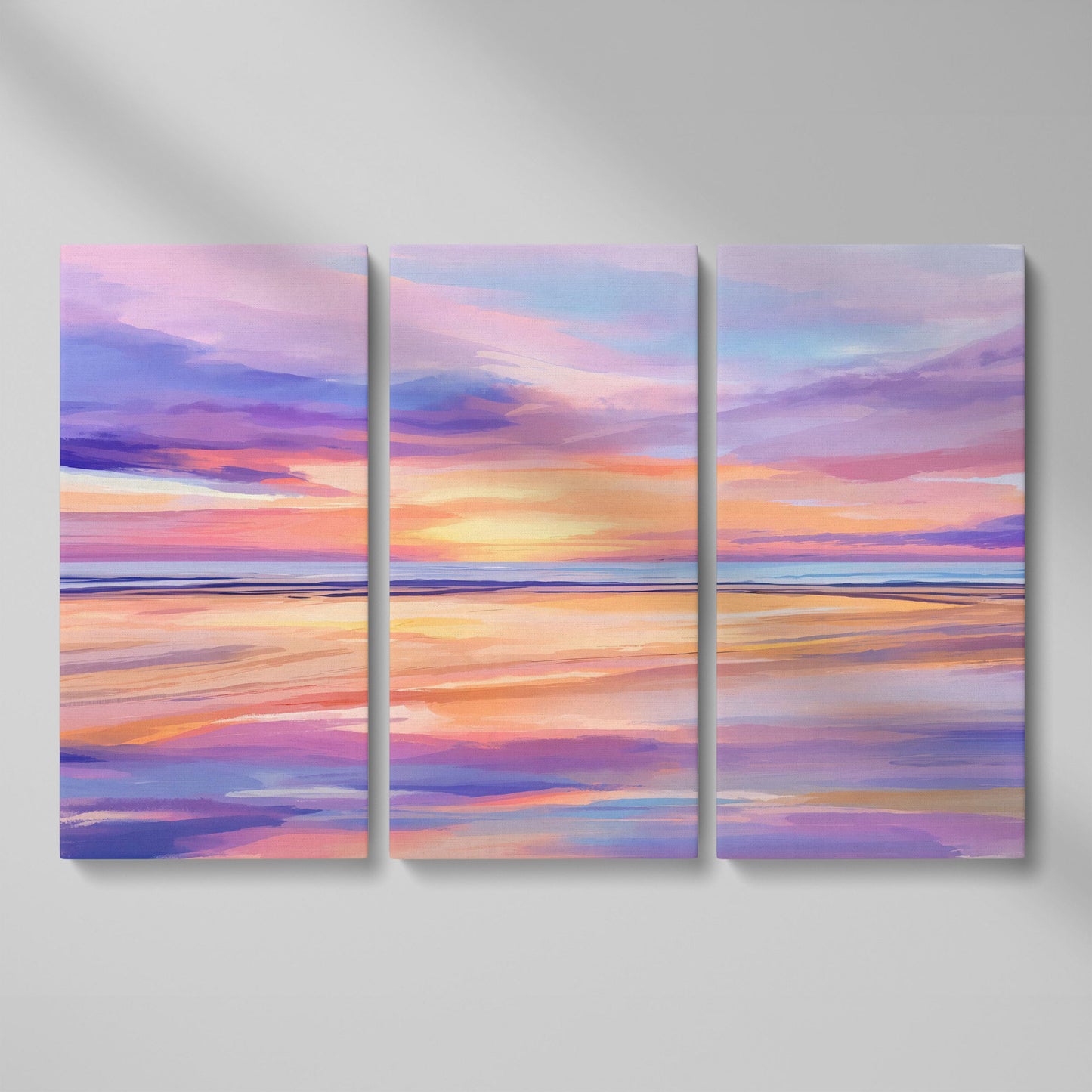 Coastal Sunset Reflection Canvas Art for Beach Walls as 3-panel split version