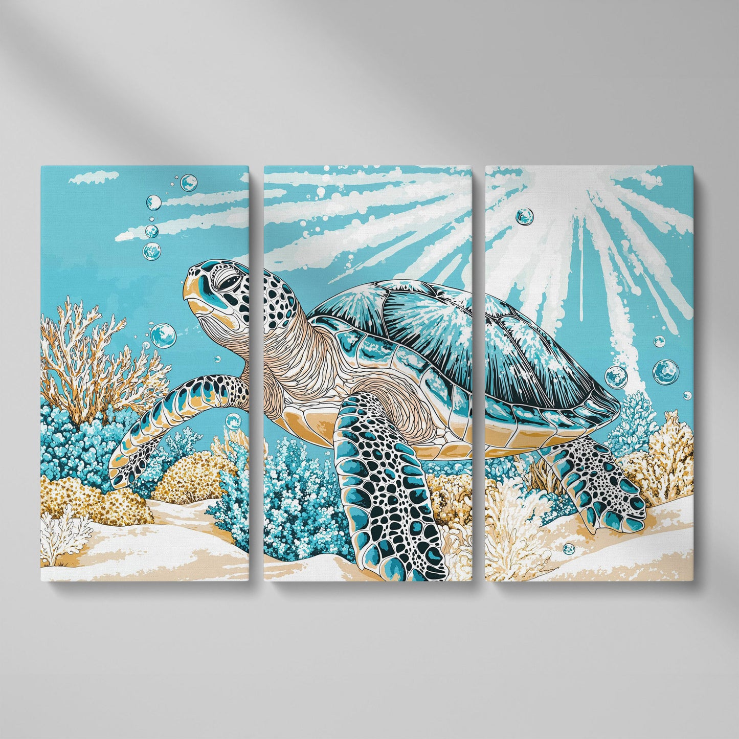 Sea Turtle Ocean Canvas Art, Coral Reef Sunlight Wall Print as 3-panel split version