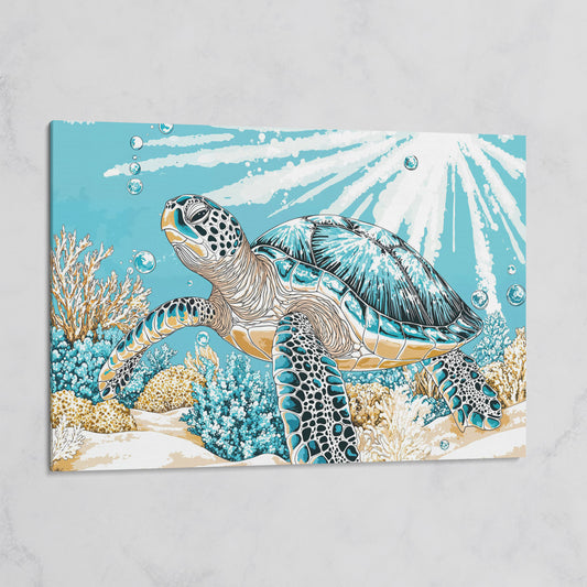 Sea Turtle Ocean Canvas Art, Coral Reef Sunlight Wall Print on gallery wrap