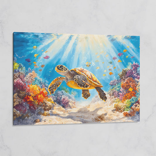 Sea Turtle Canvas Print with Sunlit Reef on gallery wrap