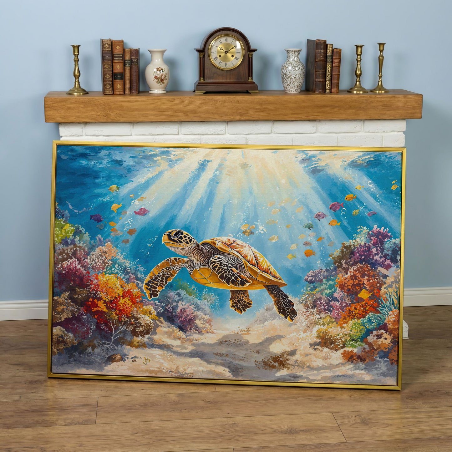 Sea Turtle Canvas Print with Sunlit Reef in yellow gold floating frame