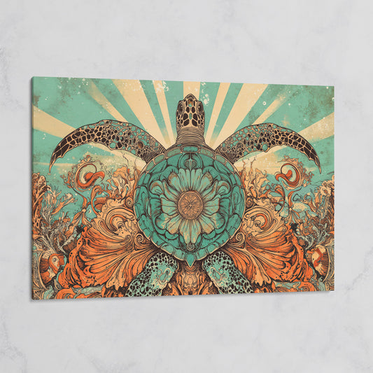 Sea Turtle with Floral Shell Canvas Wall Art, Ocean Life Print on gallery wrap