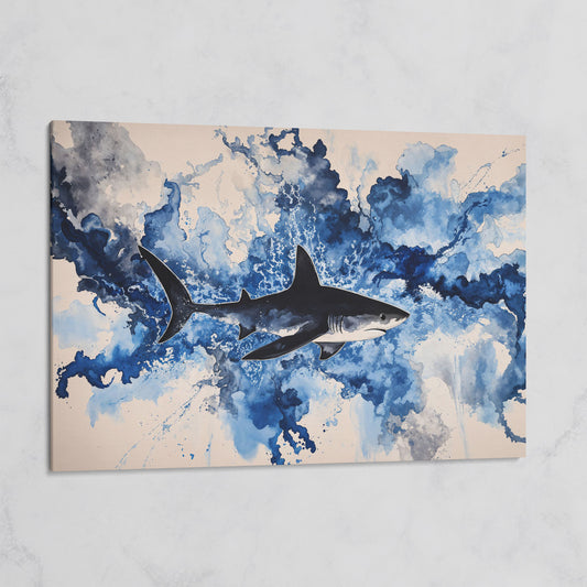 Great White Shark Watercolor Canvas Art, Ocean Wildlife Print on gallery wrap