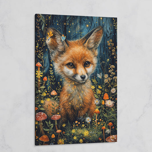 Fox in an Enchanted Forest, Flowers and Mushrooms Canvas Art on gallery wrap
