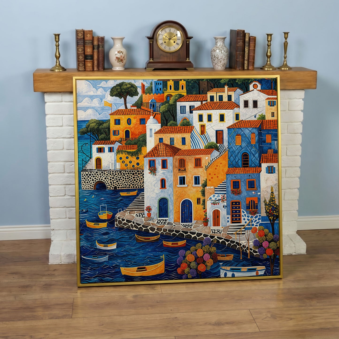 Colorful Mediterranean Village with Fishing Boats Canvas in yellow gold floating frame