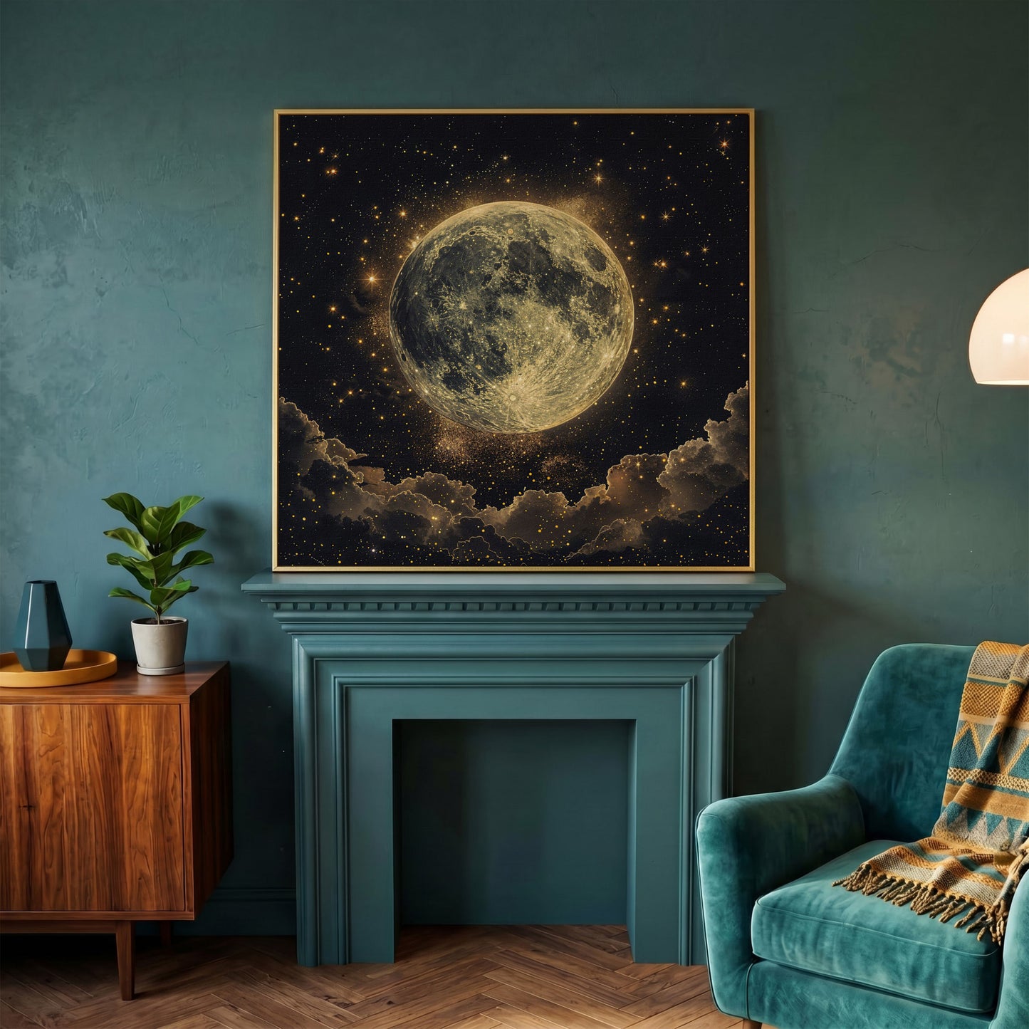 Full Moon and Stars Canvas Print in yellow gold floating frame