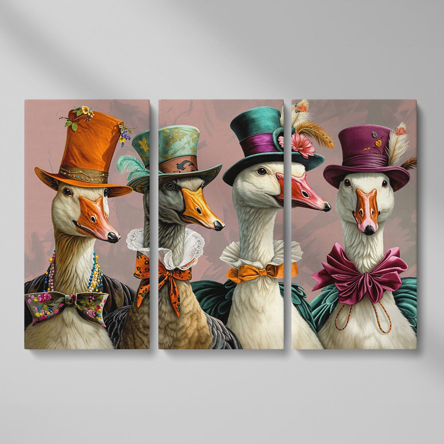 Dapper Geese in Victorian Dress. Canvas Wall Art as 3-panel split version