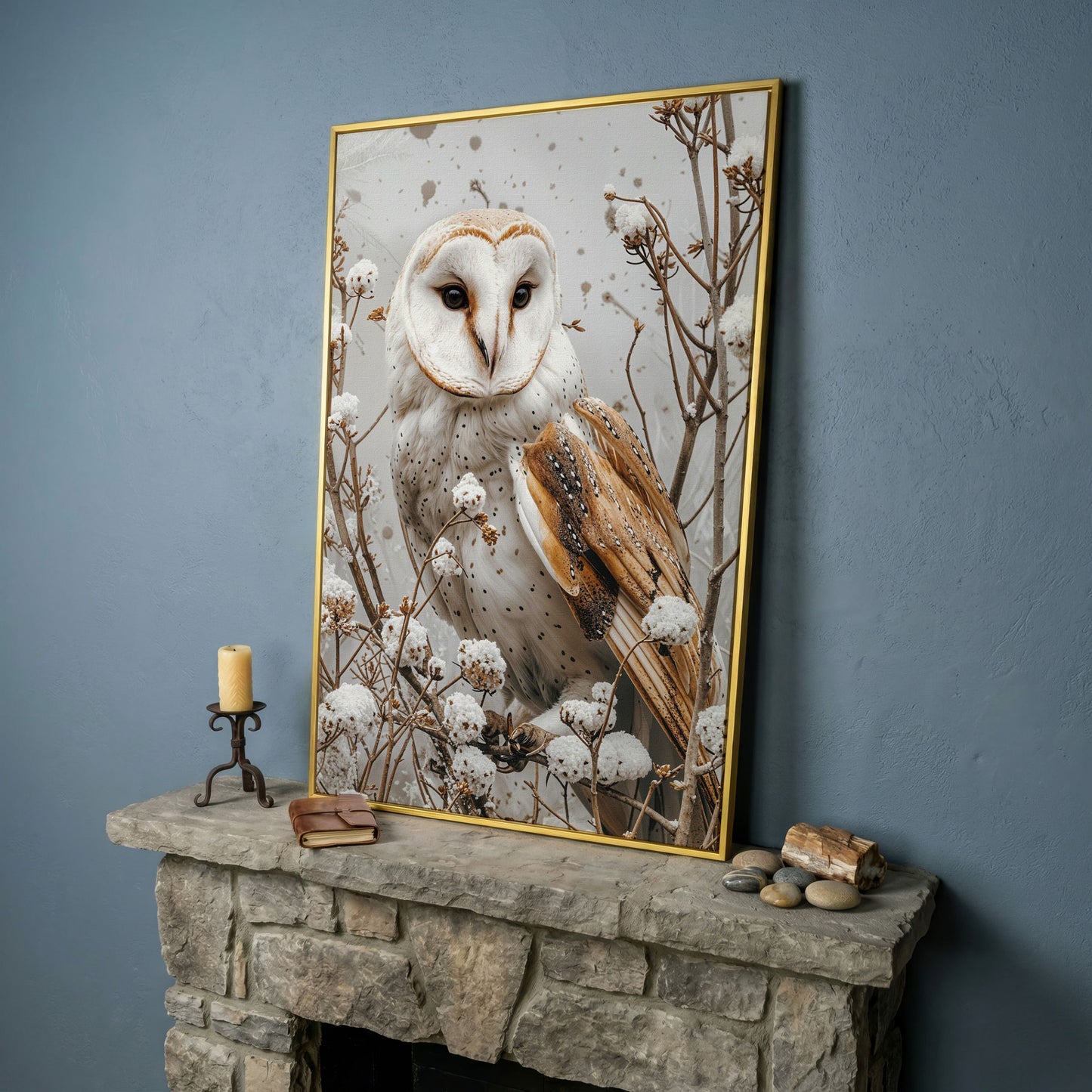 Snowy Owl Canvas Print with Winter Forest Palette in yellow gold floating frame