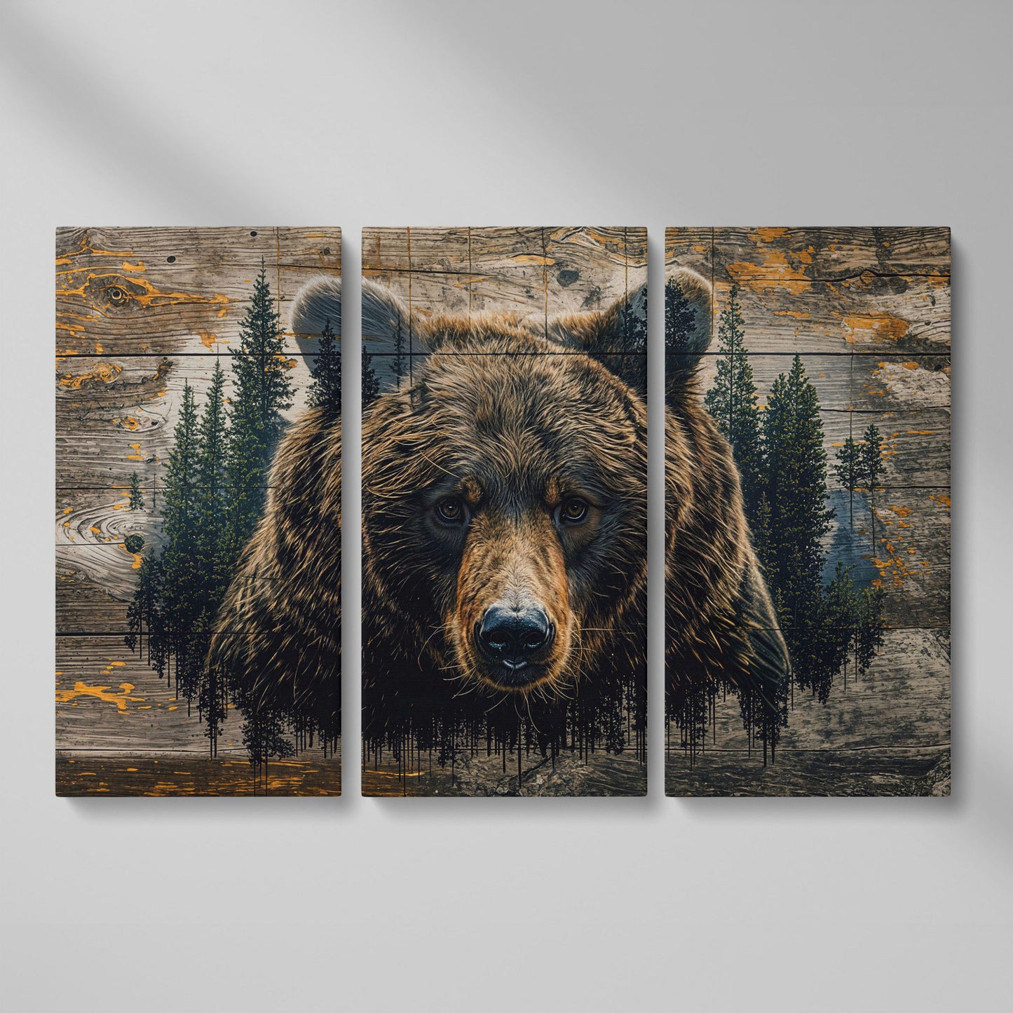Brown Bear in Forest Canvas Print as 3-panel split version
