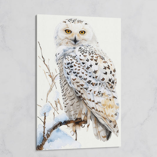 Snowy Owl on a Winter Branch Canvas Wall Art on gallery wrap