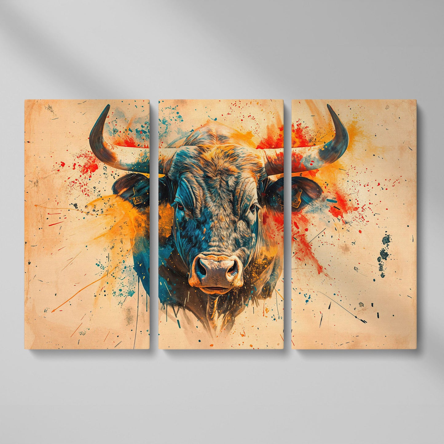 Bold Longhorn Bull Canvas Art, Head-On Portrait for Western Walls as 3-panel split version