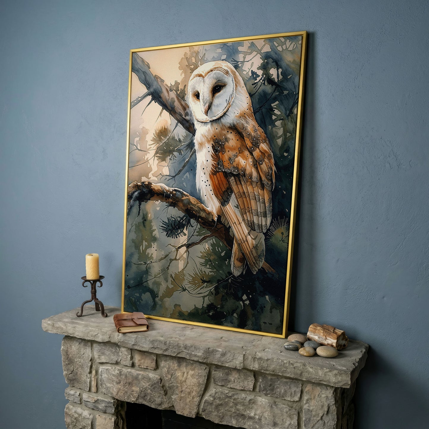 Forest Owl Watercolor Canvas Print in yellow gold floating frame