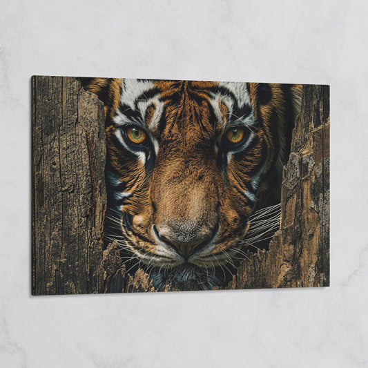 Bengal Tiger Close-Up Canvas Art, Peering Through Aged Wood on gallery wrap