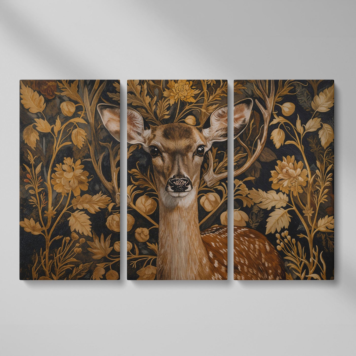 Deer with Vintage Botanicals Canvas Print as 3-panel split version