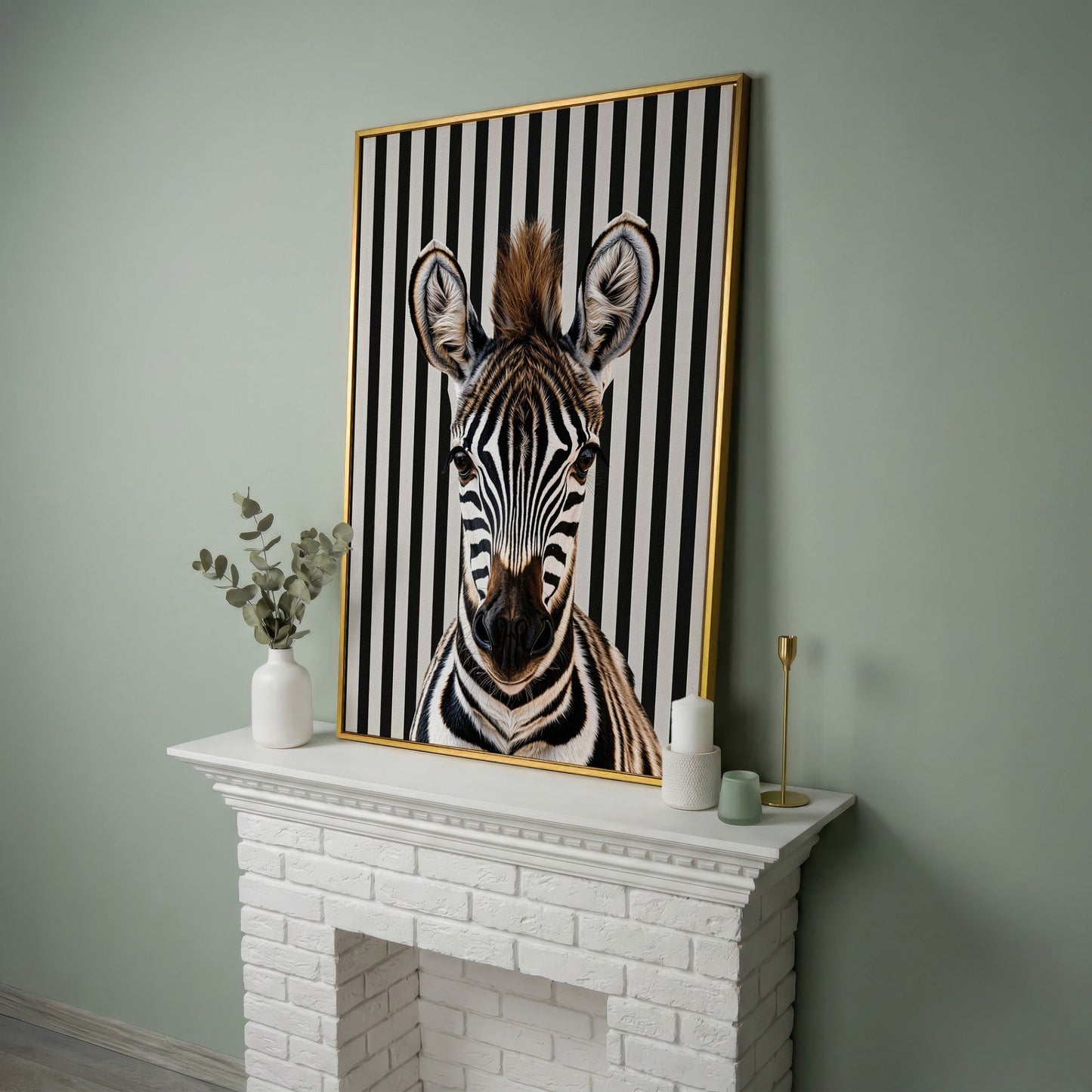 Zebra Portrait with Striped Background Canvas in yellow gold floating frame