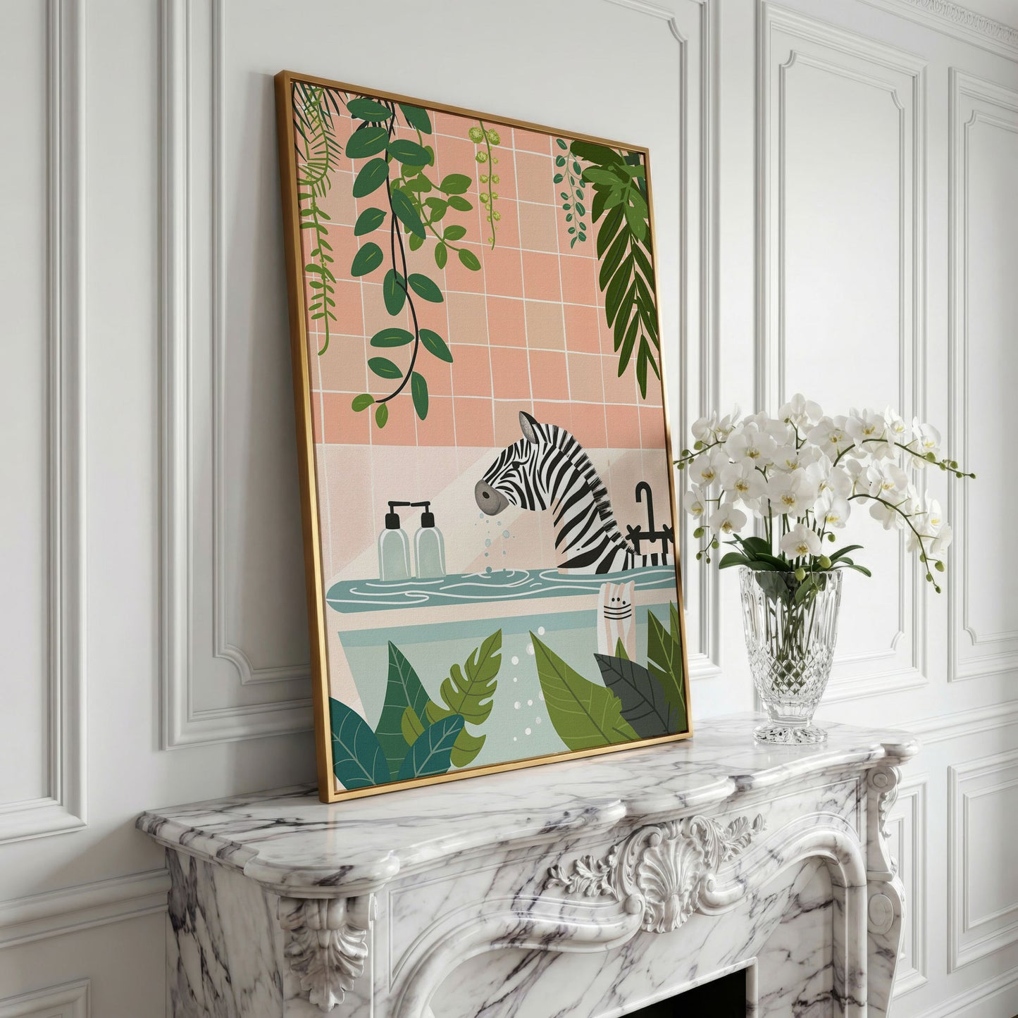 Zebra Bath Time Canvas Print with Tropical Foliage and Cat Sponge in yellow gold floating frame