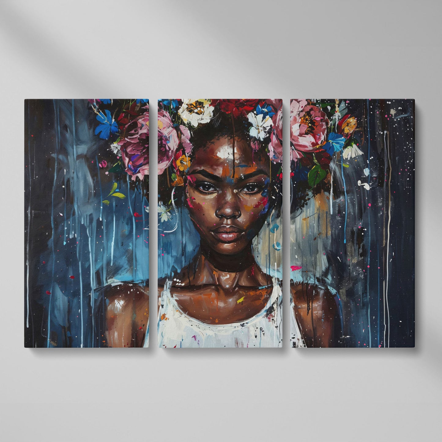 Afro Beauty with Floral Crown Canvas as 3-panel split version